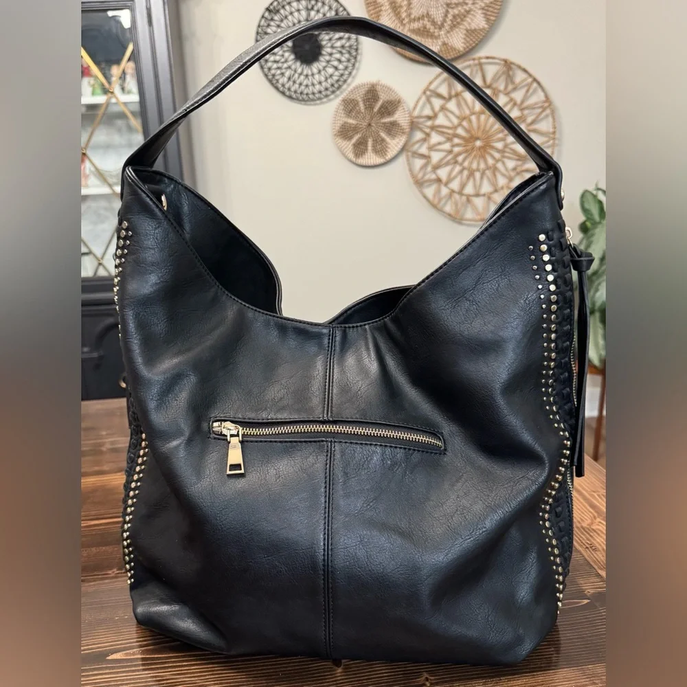 Moda‎ Luxe Large Black Studded Vegan Leather Hobo Bag with Whipstitch Trim